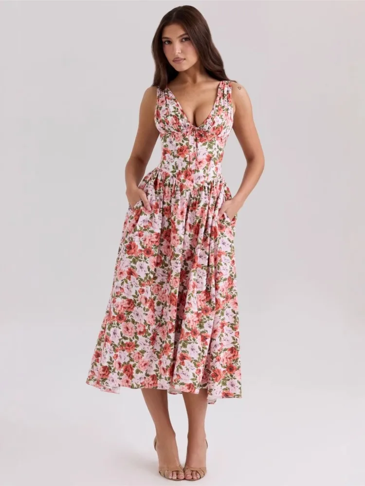 新しい夏の女性のプリントレースアップMIDIドレス、花柄ドレス、ノースリーブドレス、婦人服、休暇ドレス、エレガントドレス