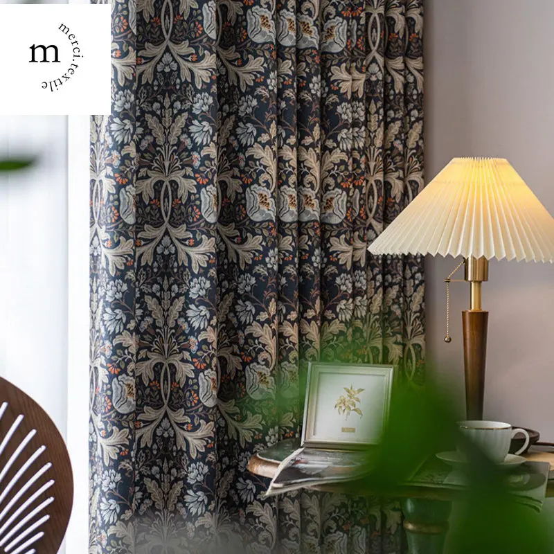 Modern American Retro Curtains for Living Room Bedroom Dining Luxury Cotton and Linen Floral Print Custom Size Window Drape