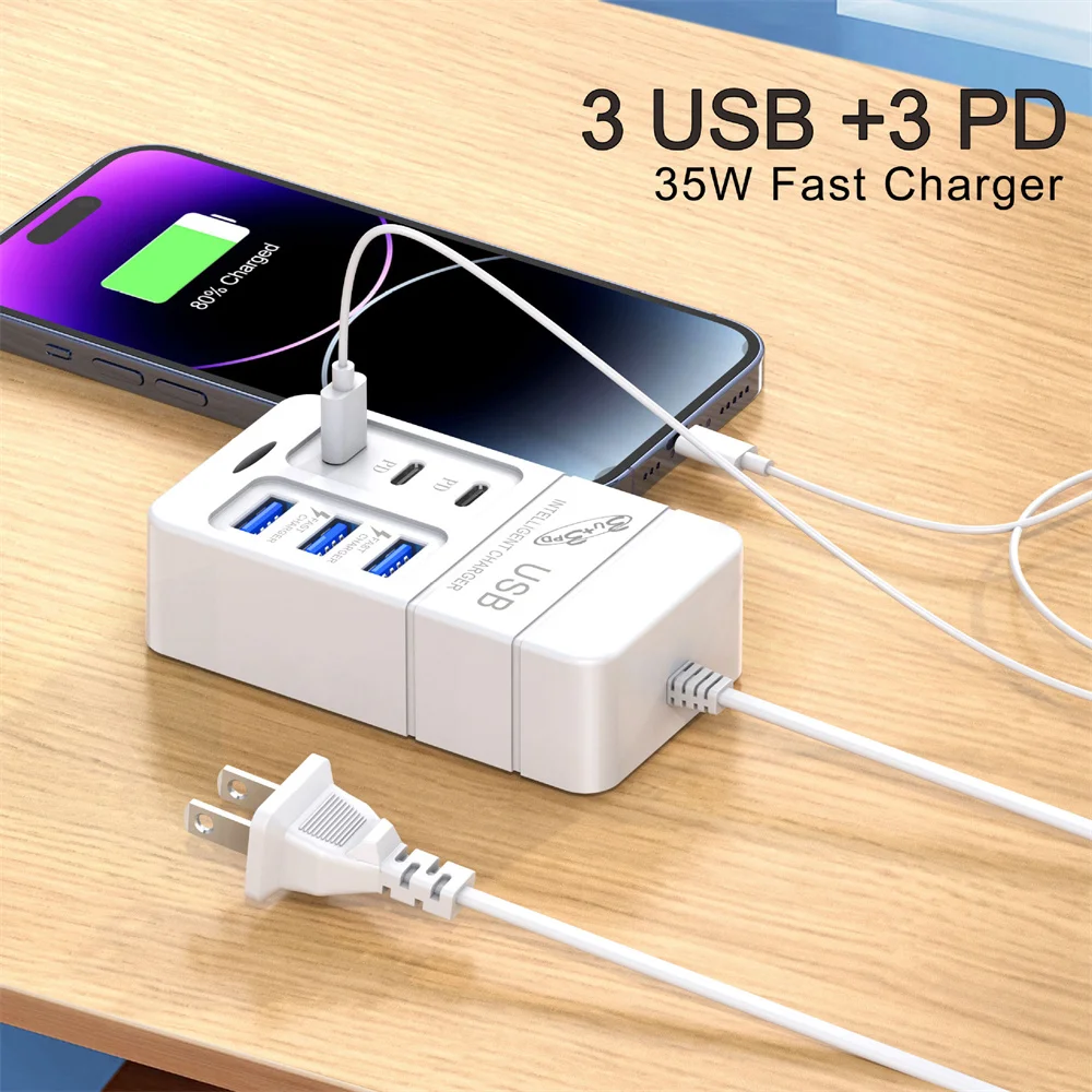 35W Multiport USB Charger PD Type C Fast Charging EU US Plug Wall Charger USB Hub Adapter 6 Ports USB Quick Mobile Phone Charger