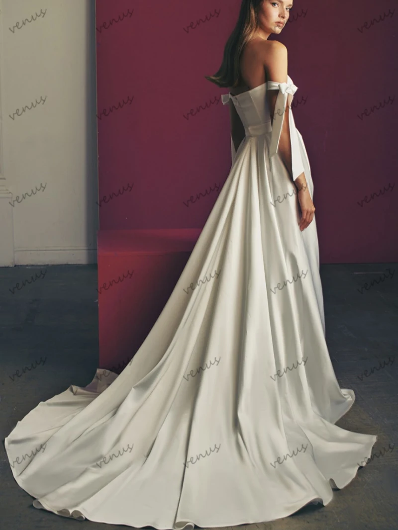 Graceful Wedding Dresses A-Line Satin Bridal Gowns Boat Neck High Slit Robes For Formal Party Simple Pretty Vestidos De Novia