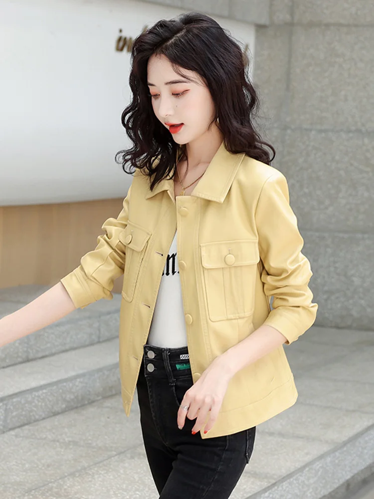 New Women Leather Jacket Spring Autumn Fashion Sweet Turn-down Collar Long Sleeve Short Sheepskin Coat Slim Outerwear Female