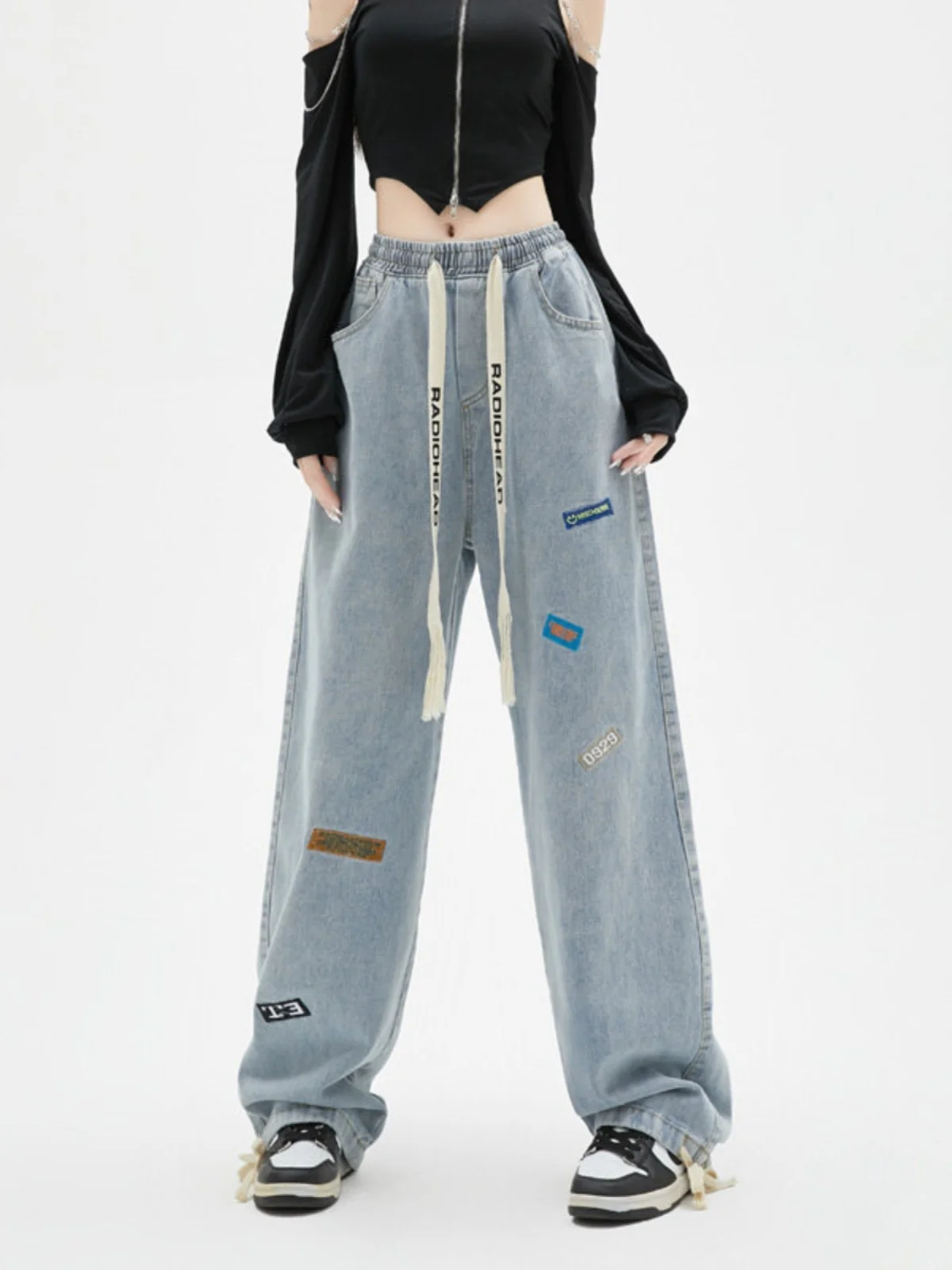 

Американские повседневные свободные мужские джинсы на весну-осень, широкие брюки с завязками, стройнящие длинные брюки, универсальные джинсы из денима