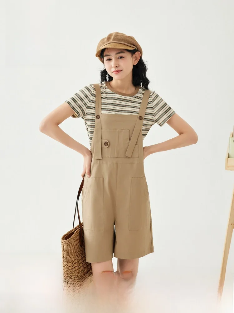Women's Summer Workwear Overalls Set Striped Knitted Dr Two-Piece Suit Cotton Fabric Japanese Sle Floral Patterned