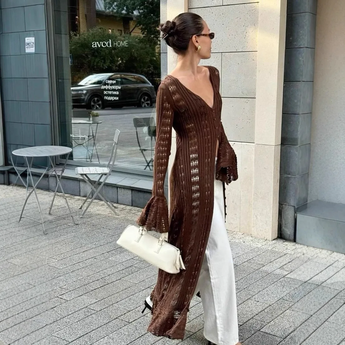 

Новый женский кардиган-жакет из трикотажа с вырезами и оборками, весна-осень 2026, в стиле «lazy wind», с эффектом потертости, удлиненный, расклешенный