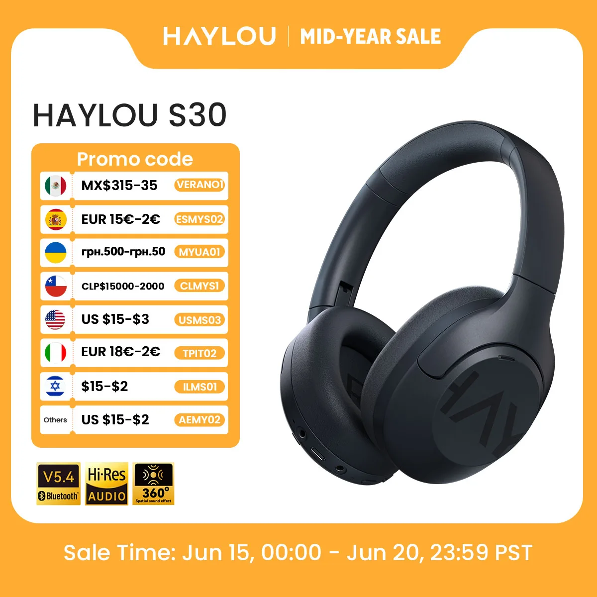 HAYLOU S30 무선 블루투스 5.4 헤드폰, 43dB 적응형 노이즈 캔슬링 헤드셋, 40mm 드라이버, 80H 재생 시간...