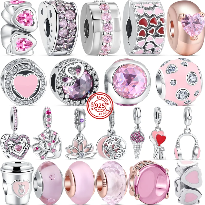 

Hot Sales Fit Original Pandora Bracelet Women DIY Jewelry New 925 Sterling Silver Ice Cream Suitcase Cup Pink Zircon Charm Beads