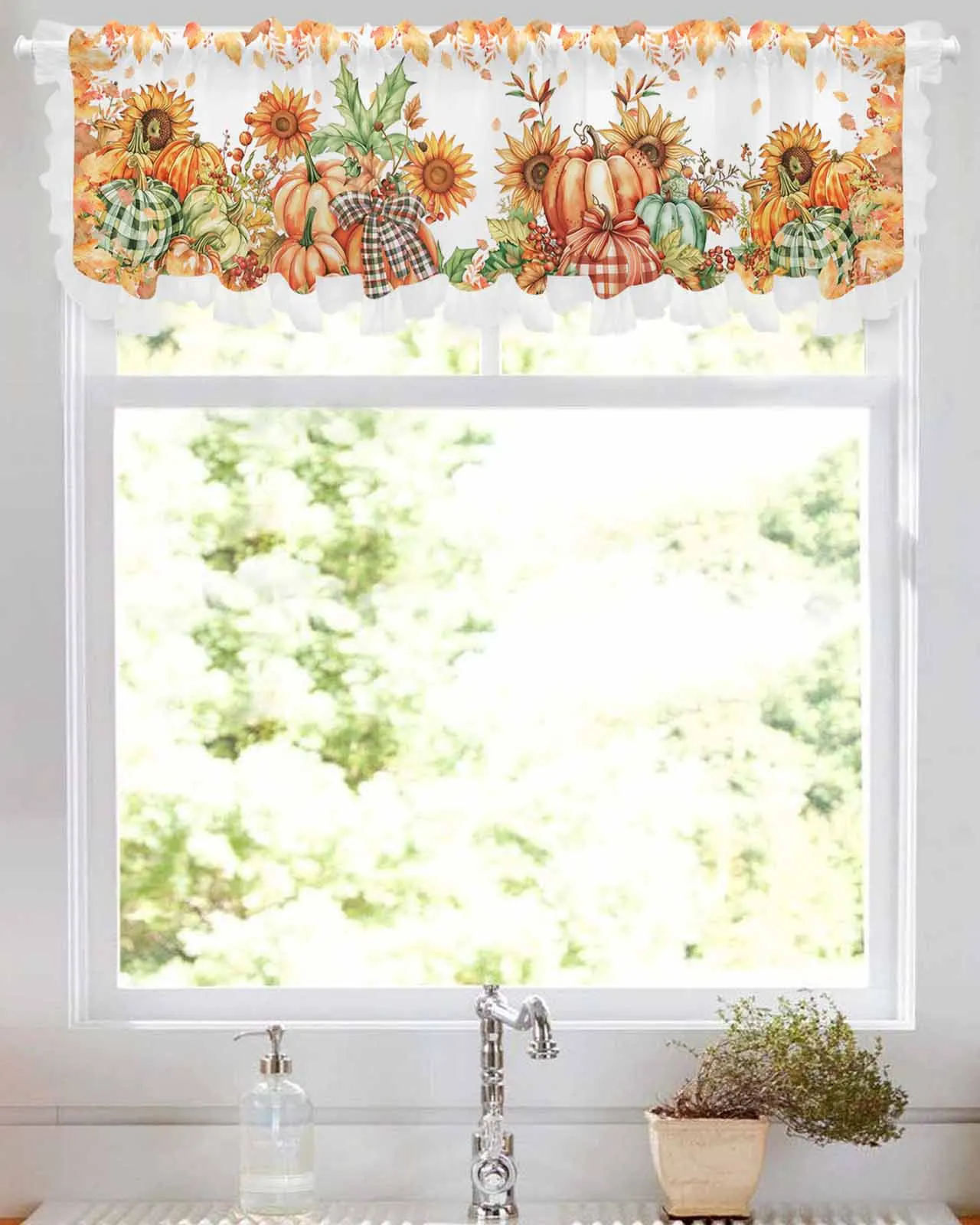 

Thanksgiving Pumpkin Sunflower Short Tulle Half Curtains for Living Room Kitchen Door Cafe Window Sheer Valance Drapes