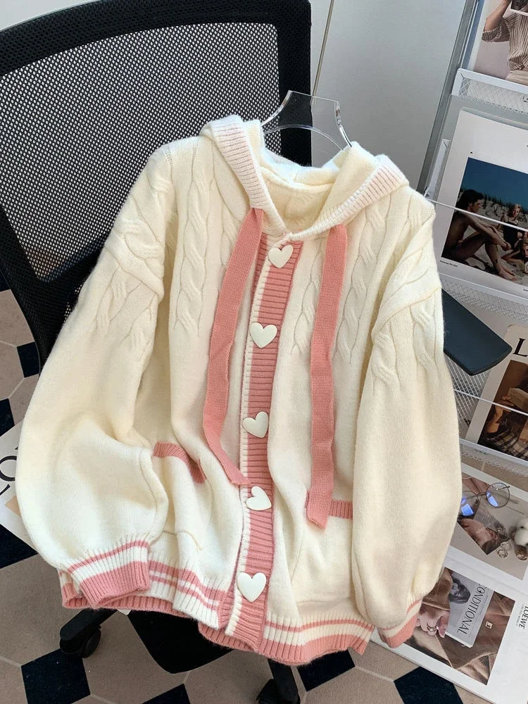 

Sweet Knitted Cardigans Y2k Aesthetic All Match Contrast Color Coats Single Breasted Women Kawaii JK Sweaters Jumper Hooded Tops