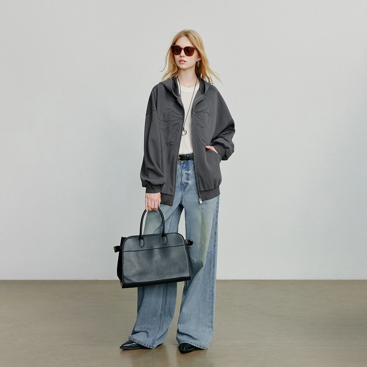 TOYOUTH Felpa con cappuccio da donna 2025 Autunno Nuovo Bowknot Chiusura con cerniera Sport Giacca cardigan casual Grigio scuro