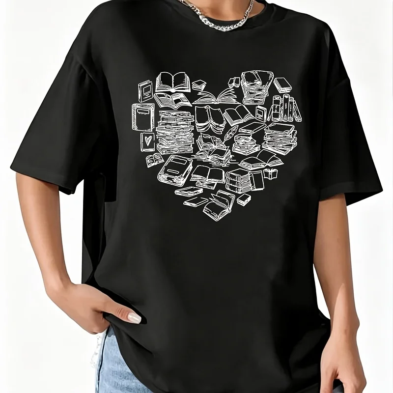 Reading Book Lover Bookworms Book Heart Women's 100% Cotton T-Shirt Fun Print Short Sleeve Top Casual Round Neck Tee S-5Xl