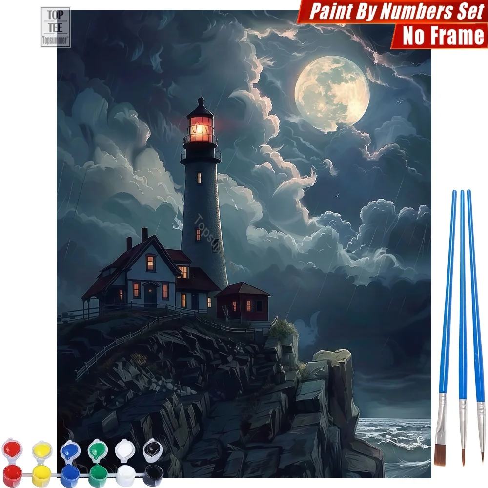 Set de pintura por números de faro en la costa rocosa - Arte de pared para sala de estar con faro, luna y nubes, regalo de Halloween para hijo
