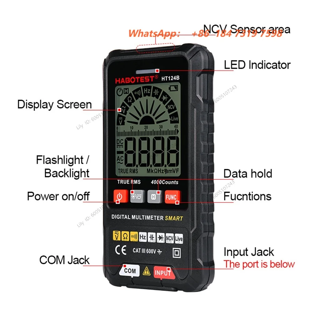 HT124B Professional Digital Smart Multimeter Capacitor Tester Voltmeter True RMS AC DC Voltage Ohm HZ Diode Continuity Meter