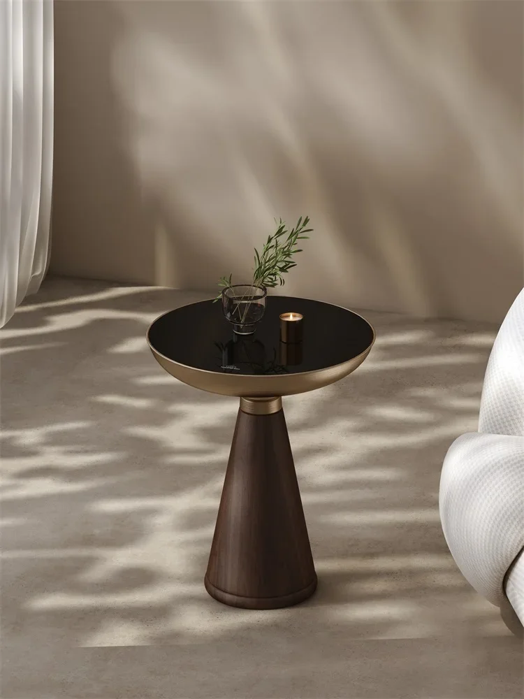 Living Room Sofa Solid Wood Tempered Glass Side Table Coffee Table Round Stainless Steel Side Table Balcony Side Tables