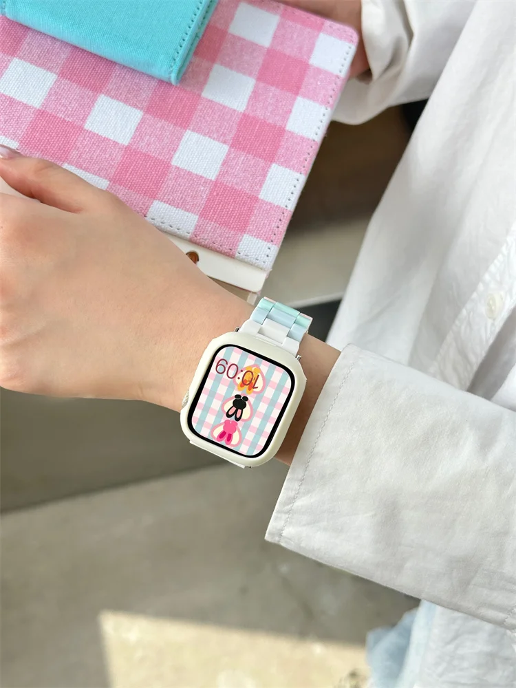 Koreańska tęczowa pasek z żywicy + etui 49mm na zegarek jabłkowy 45mm 40 41mm 38 40 44mm Correa męskie pasek do zegarka iwatch 9 8 SE 7 6 5