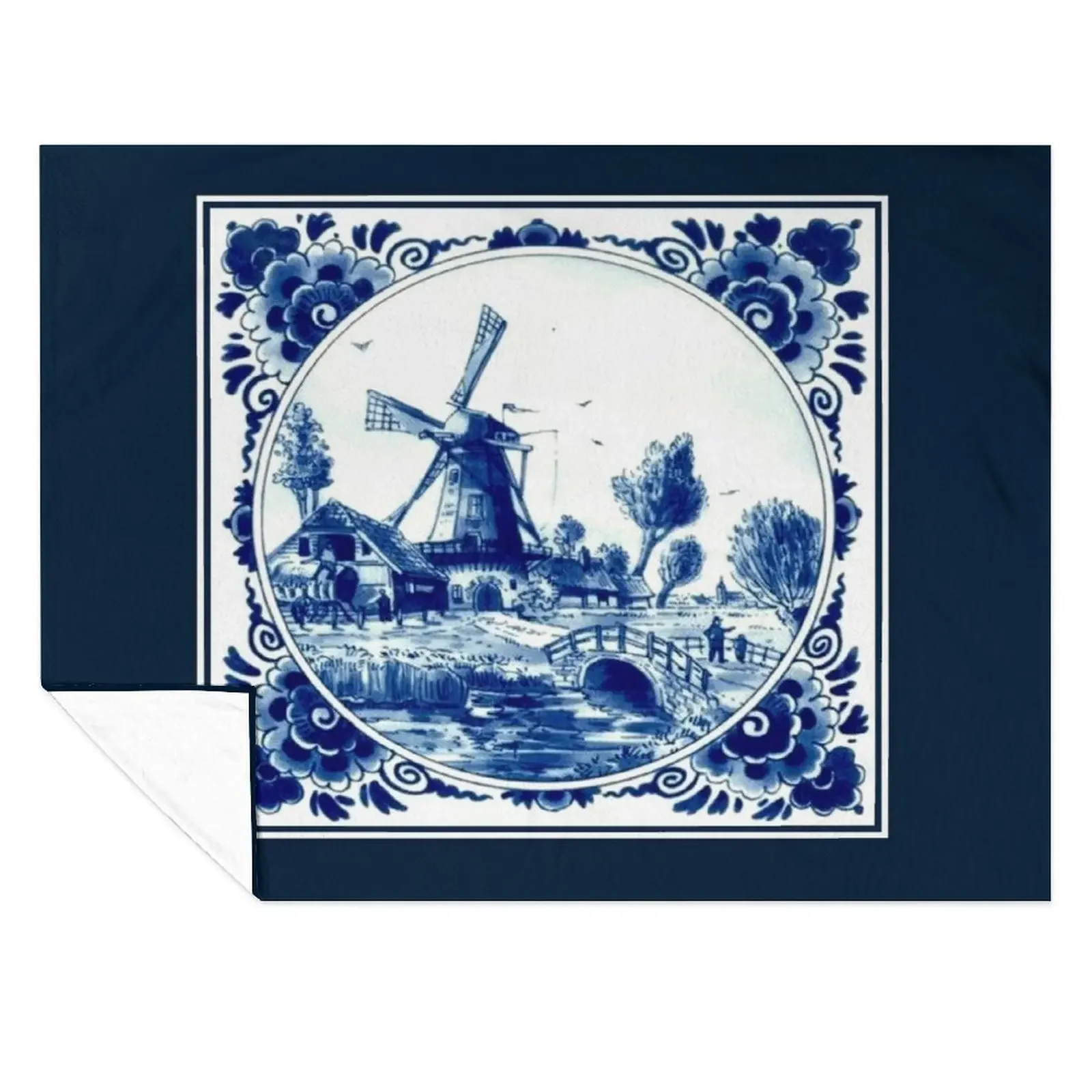 

DUTCH BLUE DELFT : Vintage Windmill and Bridge Print Throw Blanket Flannels Sleeping Bag wednesday blankets ands Blankets