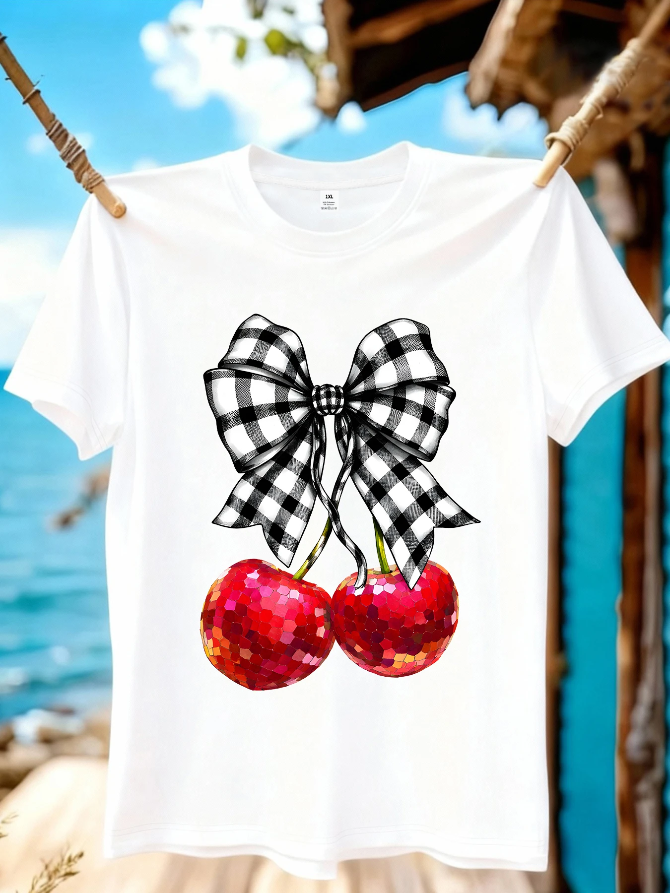 

【WZM10934】Cherry print plus size women's round neck summer casual short sleeved street fashion versatile T-shirt