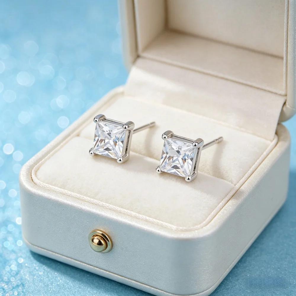 

925 Sterling Silver Classic Princess Cut Square Cubic Zirconia Stud Earrings 4 Prong Earrings for Women Men Daily Jewelry Gift