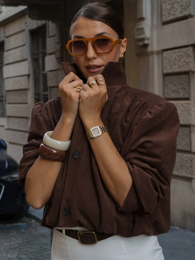 HH Giacca da donna autunno vintage in pelle scamosciata design pieghettato monopetto maniche lunghe giacca dolcevita femminile tasche cappotto corto casual