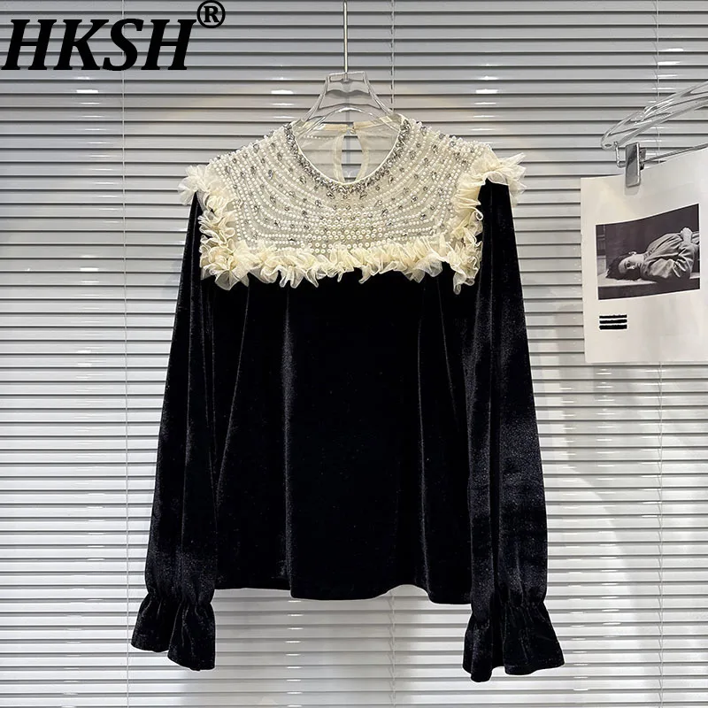 

HKSH Весенне-Осенняя новая женская футболка с круглым вырезом и длинным рукавом, сетчатая лоскутная бархатная рубашка с цветными блоками, роскошный французский топ HK12016