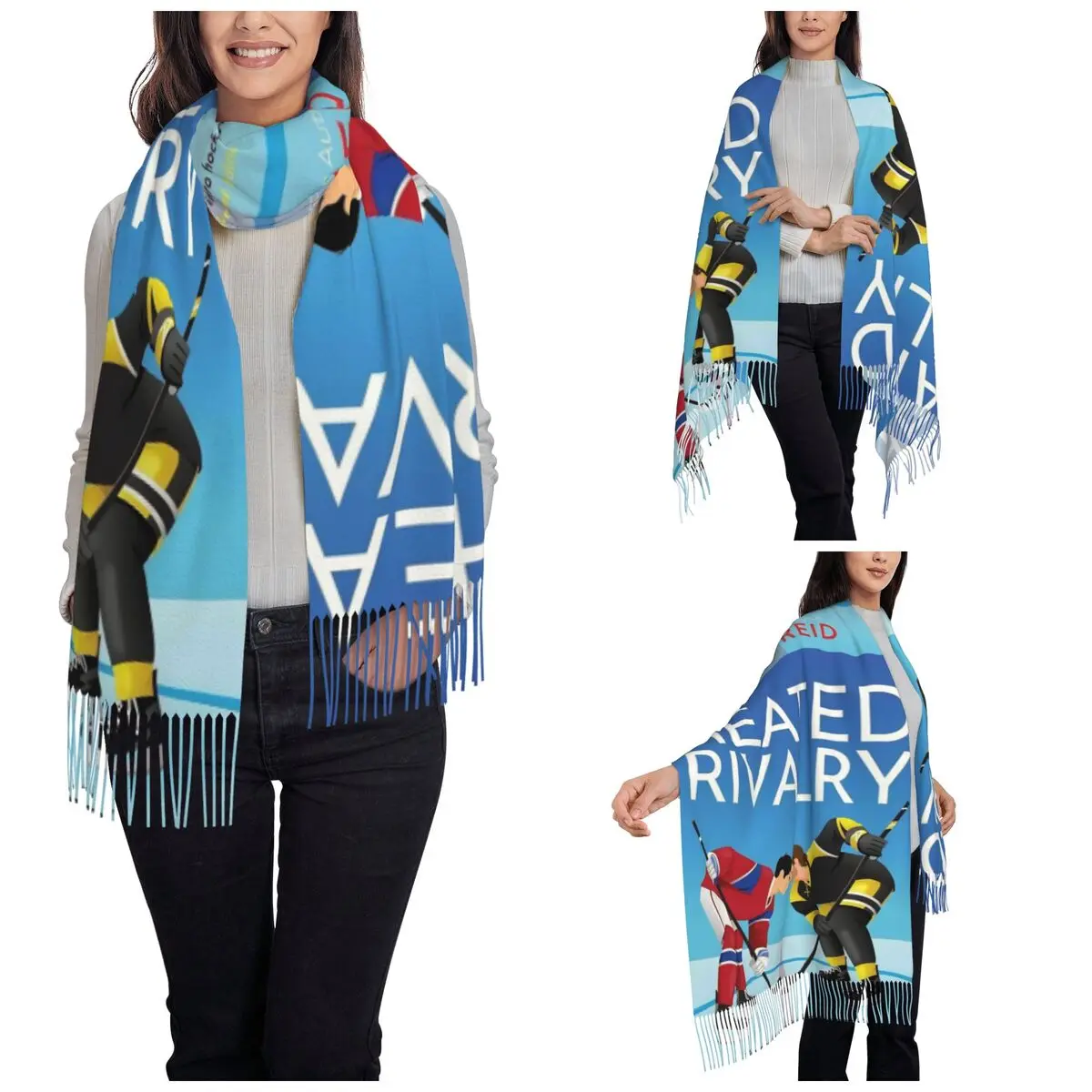 Womens Scarf with Tassel Heated Rivalry Long Winter Fall Shawl Wrap Hockey Game Daily Wear Cashmere Scarf