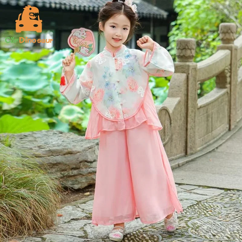 

2025 Spring Children Mid Autumn Festival Outfits Kids Girls Chinese Traditonal Tangsuit Baby Elegant Floral Chiffion Hanfu Set