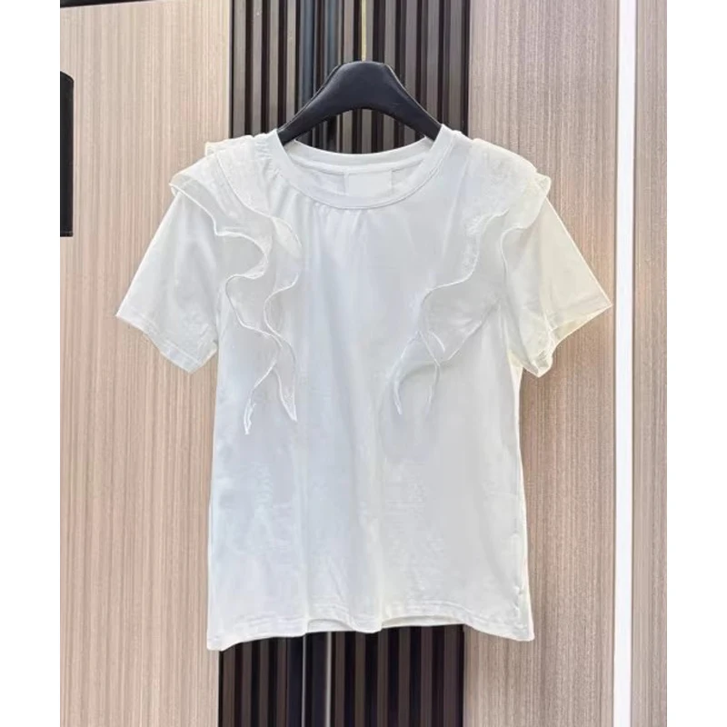 Summer New Design Splice T-Shirt Women Short Sleeve round Neck Overhead Sweet Style Loose Fit Fabric Leaf  Detail