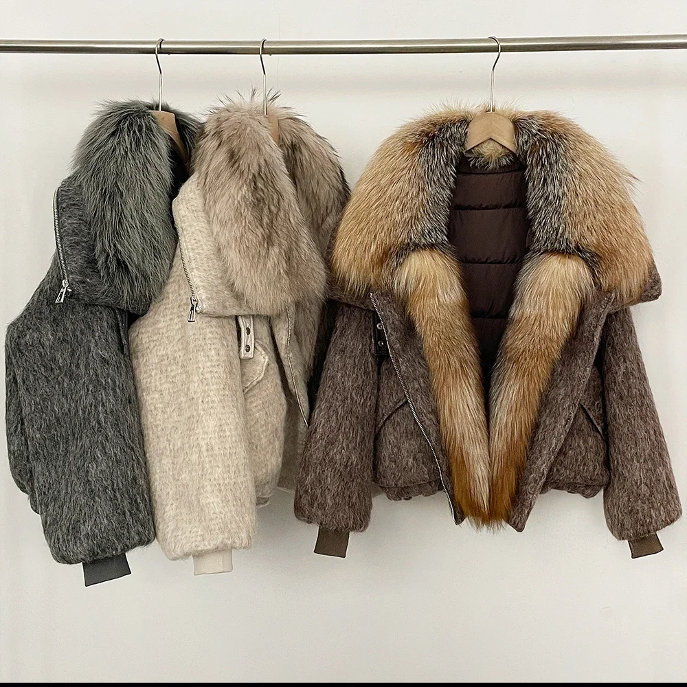 OFTBUY Luxury Real Fur Duck Down Clothes Overszie Women Wool Blend Down Jacket with Real Fox Fur Collar New Winter Warm Coat