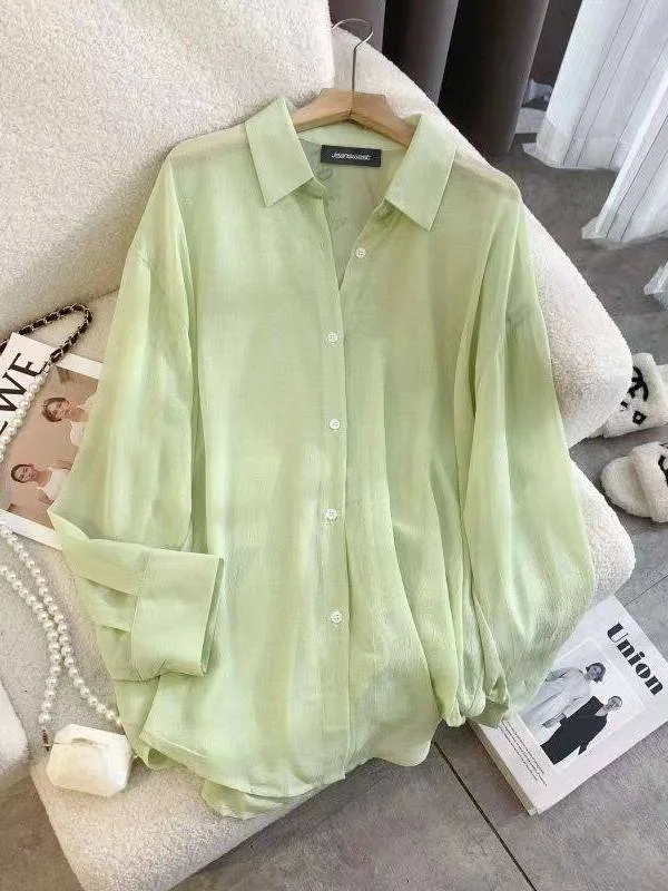 

plus Size Women's Summer Shirt Loose Fit Sun Protection Transparent Chiffon Casual Outerwear Korean Style Long Sleeve Neck