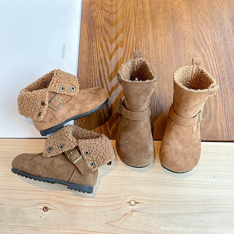 

Kids Princess Boots Suede Warm Round Toes Girls Leather Boots Versatile 2025 Winter Children Fashion Boots Casual Two-way Wear