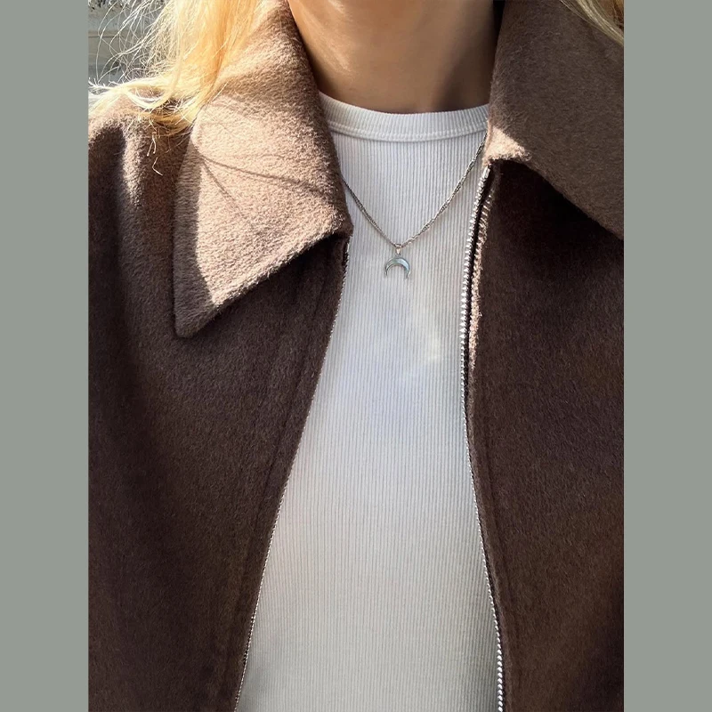 Übergroße Kurze Wolljacken für Damen mit Revers, Langen Ärmeln, Reißverschlusstaschen, Einfarbig, Locker Geschnitten, Schicke Herbst-Neuheiten Oberbekleidung – Detail 19