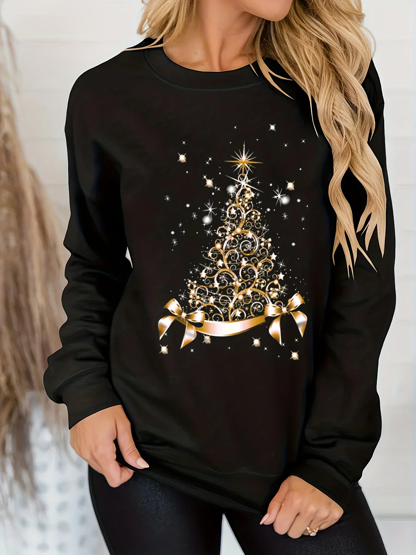 Women's Christmas printed loose top sweater long sleeved autumn and winter black High Quality Vintage Trendy Casual Streetwear