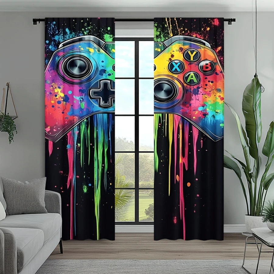 2PCS Digital Print  Curtain, Flowing Color Game Controller, Modern Home Decor  Curtain for Bedroom Living Room