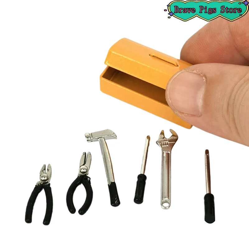 1 مجموعة صندوق أدوات مصغر + 6 أدوات يدوية نموذج اكسسوارات أثاث ديكور المنزل هدية