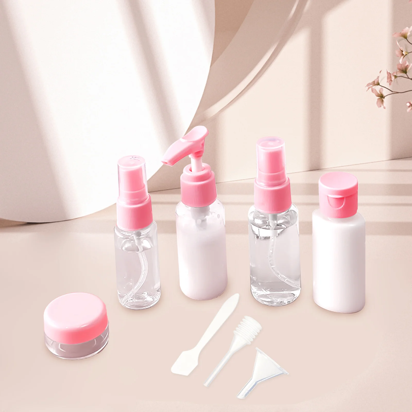 10개입 공간 절약 여행용 메이크업 병 세트 휴대용 용기 샴푸 로션 누드 핑크 여행용 메이크업 병