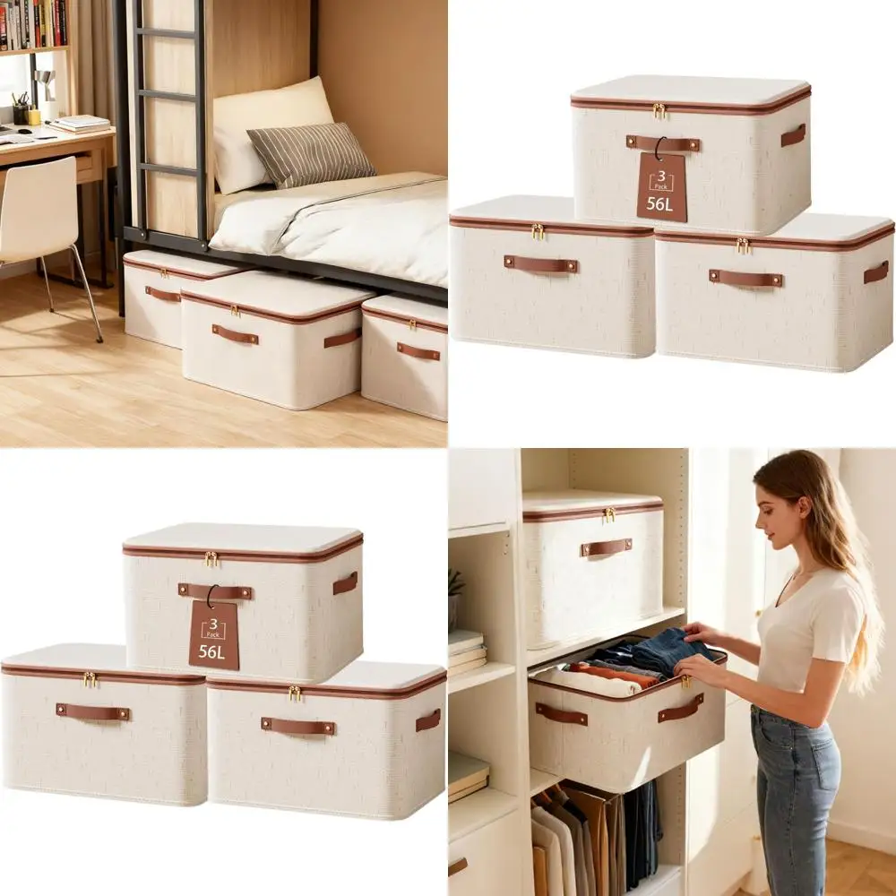 

Складные хлопково-льняные корзины для хранения с крышкой на молнии, 56 л, бежевые тканевые контейнеры для одежды и организации гардероба