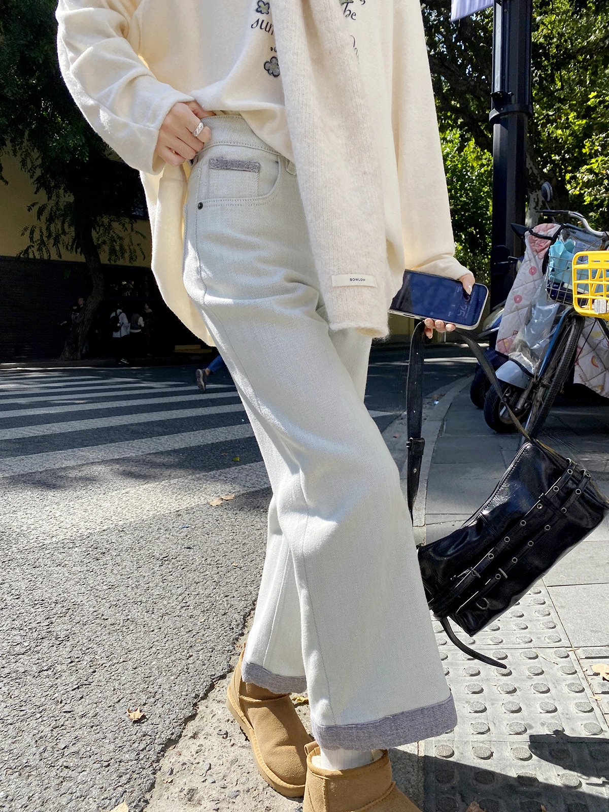 

Джинсовые брюки с высокой талией на подкладке, свободные широкие повседневные прямые джинсы для женщин, зимняя теплая смесь хлопка