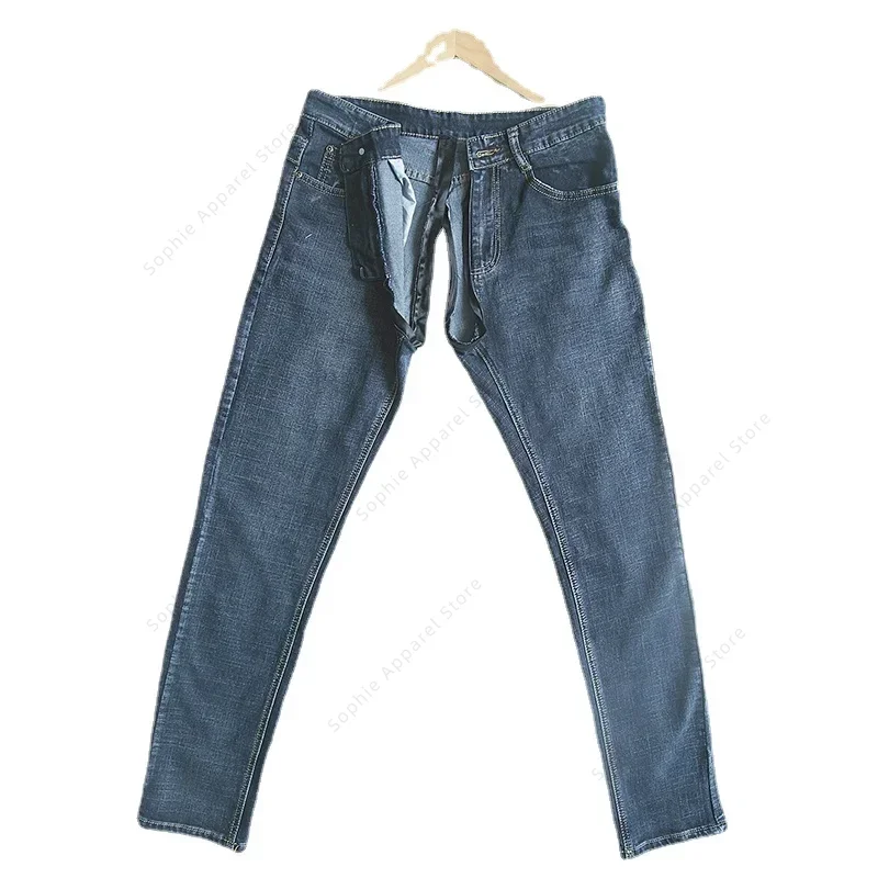 Seksowne spodnie jeansowe męskie na zewnątrz z otwartym krokiem, dziergane, bez kroku, odkryte, dżinsowe spodnie z pełnym zamkiem błyskawicznym, erotyczne ubrania z dziurami.