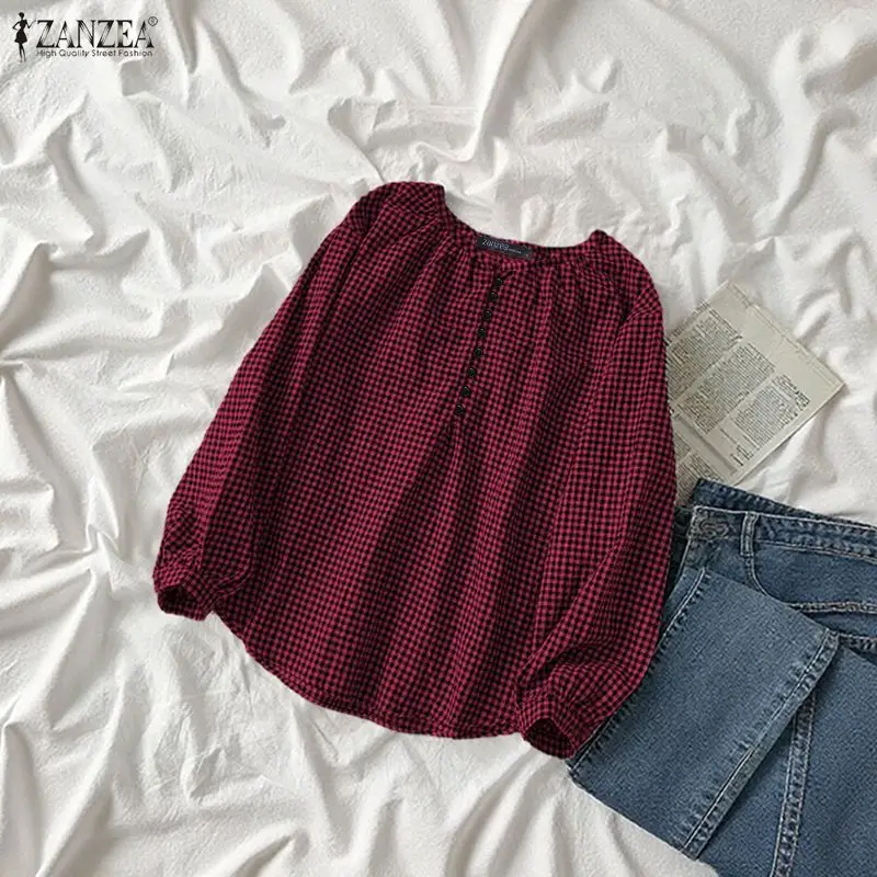 여성 캐주얼 데일리 깅엄 블라우스 주름진 O넥 반단추 긴팔 체크 탑 봄 여름 ZANZEA 여성 의류