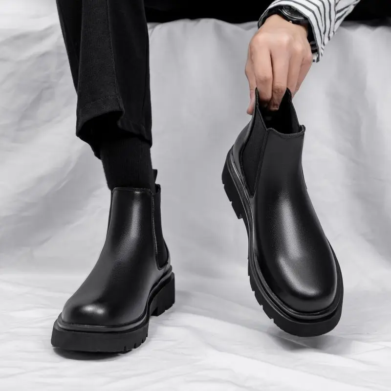 

​Men's Winter Chelsea Boots Furry Lining Soft Leather Mid Calf Slip on Thick Sole Fashion Boots​ Black Fashion Shoes