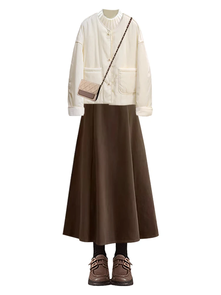 Warm Cotton Jaet Outerwear Mid-Length Skirt Women's Winter Slimming Tee-Piece Set High Waist Pure Color Long Sve round...