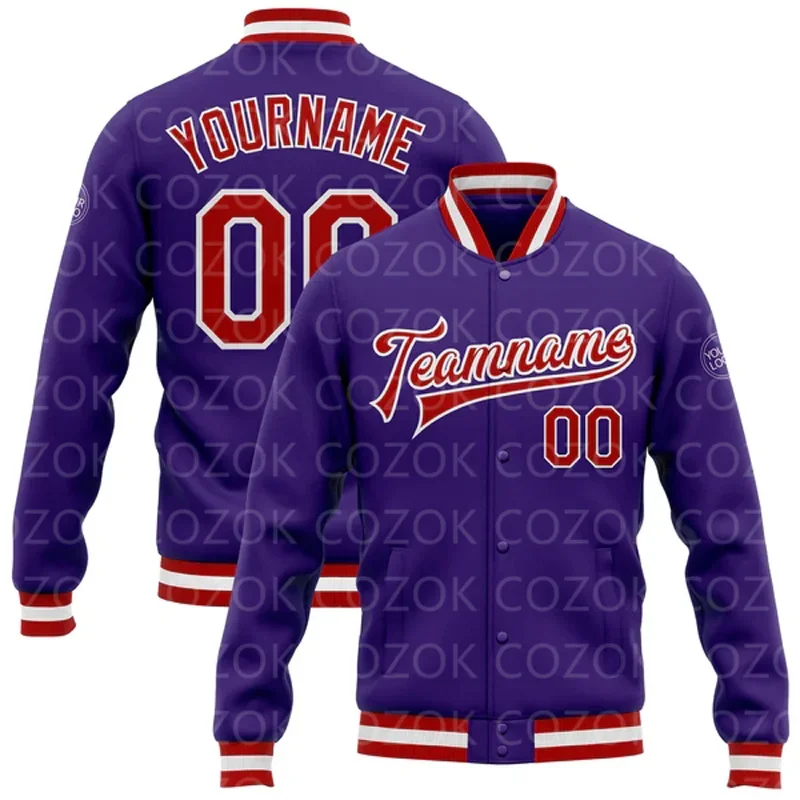 Custom Purple Color 3D Printed Baseball Button Jacket Bomber Full-Snap Varsity Letterman Jacket