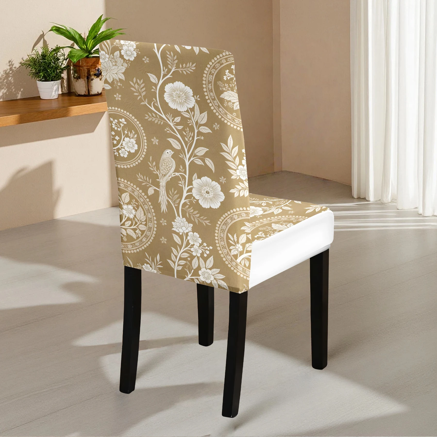 Elegant Floral & Bird Print Elastic Chair Cover, 2024 New Stretchable Full - Coverage Dining Chair Slipcover