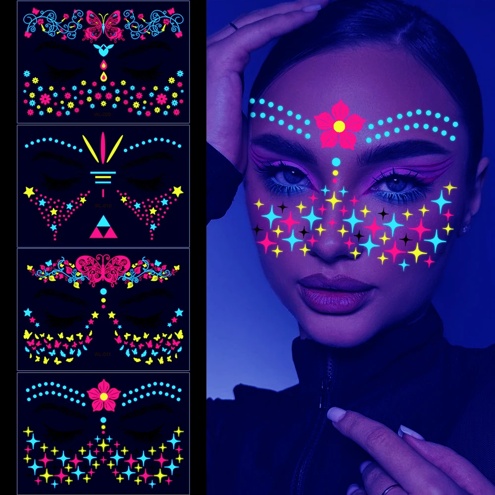 4/8pcs Music Festival Fluorescent Face Sticker Glow UV Neon Temporary Tattoos for Halloween Christmas Festival DIY Makeup Party