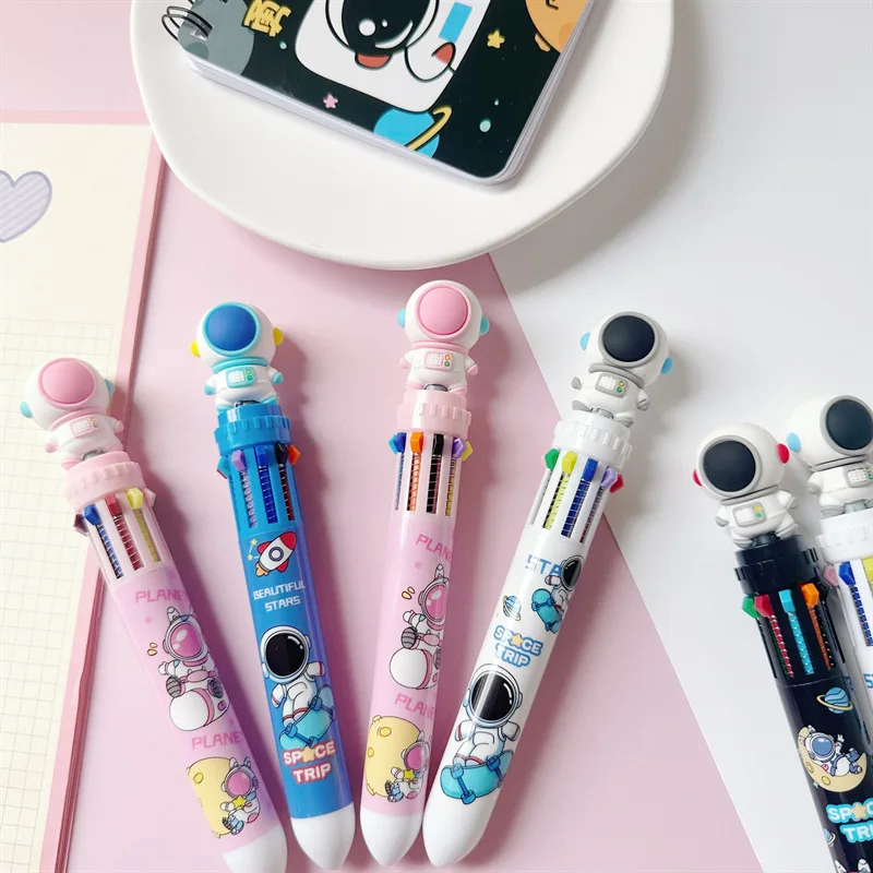 1/4PCS Cartoon Astronaut 10-Color Pen Cute Spaceman Multicolor Ballpoint Pen Student Colorful Journal Click Pen