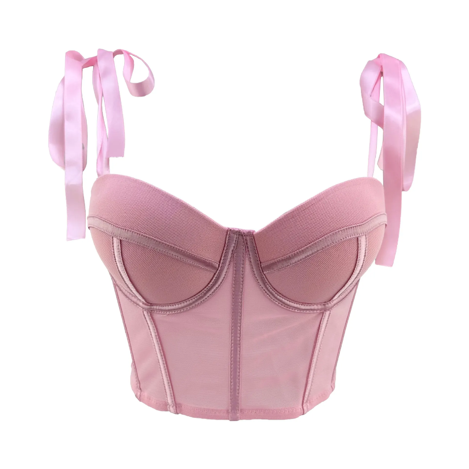 Dropship Women Ribbon Corset Tube Tops Clothes Sweet Memory Camisole, Women's Outerwear, Summer Mesh V-neck Strapless Top