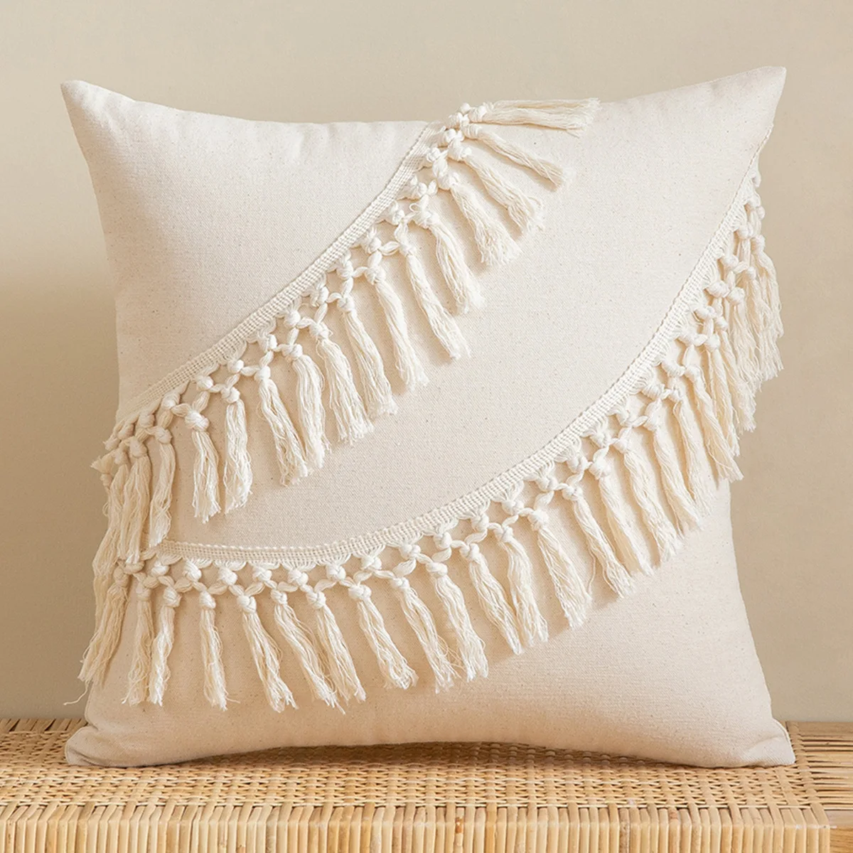 

Boho Beige Tassels Cushion Cover