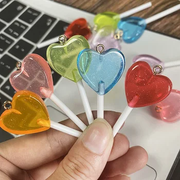10/12Pcs Blingbling Glitter Hearts Lollipop Resin Charms Imitation Candy Pendant For Necklace Earring Jeweley Making