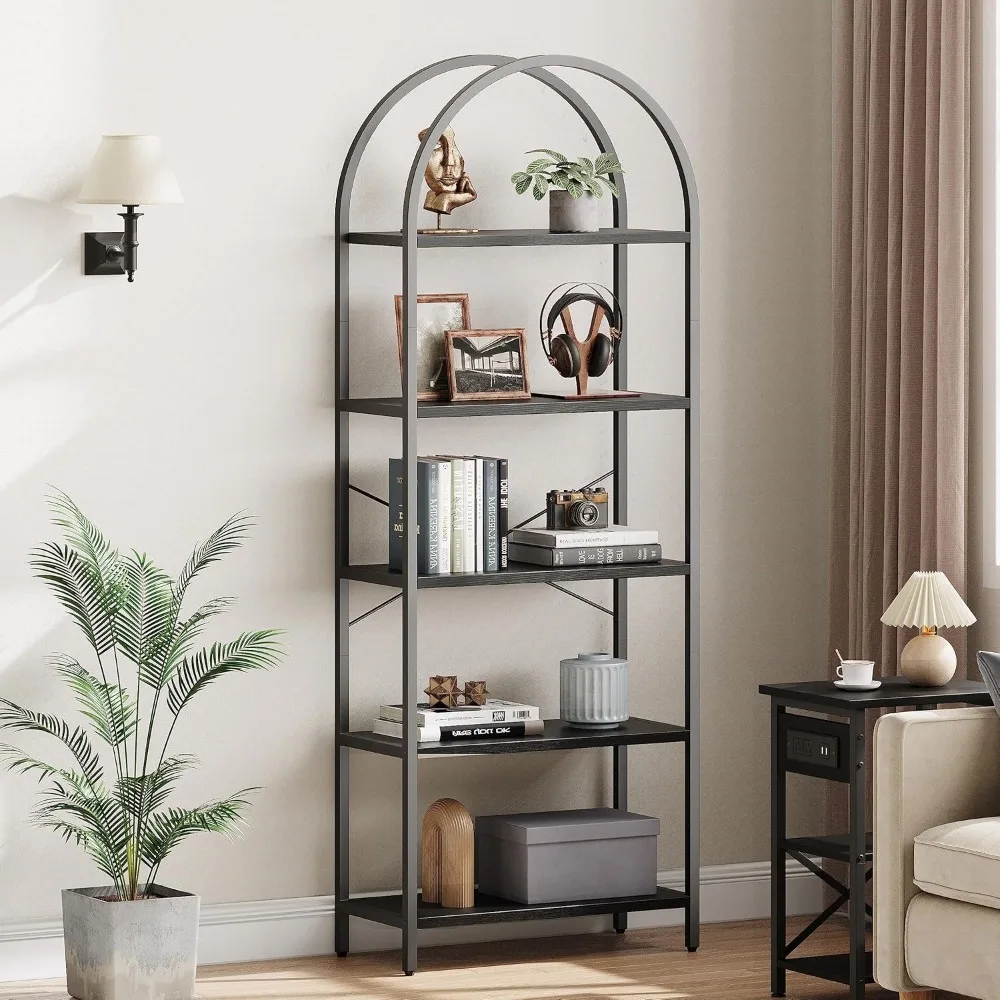 

5 Tier Bookcase Arched Display Racks Tall Standing Bookshelves Metal Frame Open Storage Rack Shelf Large Black Book Shelf