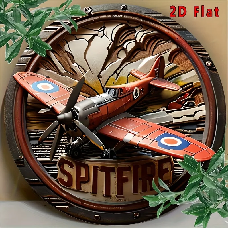 2D Flat, 1pc Vintage Spitfire Aircraft Wall-Mounted Decor - Retro British WWII Fighter Plane, Lightweight Aluminum Metal Sign