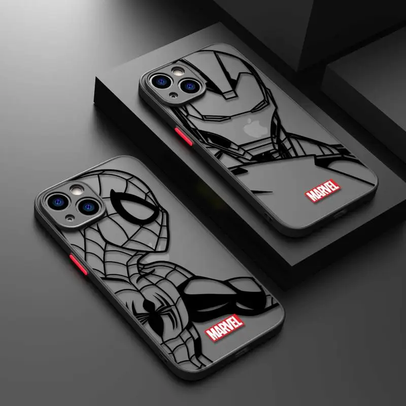 Matte Phone Case for iPhone 15 14 13 11 12 Pro Max X XS XR 7 8 Plus Mini Funda Marvel Spider Man Silicone Frame Matte PC Cover